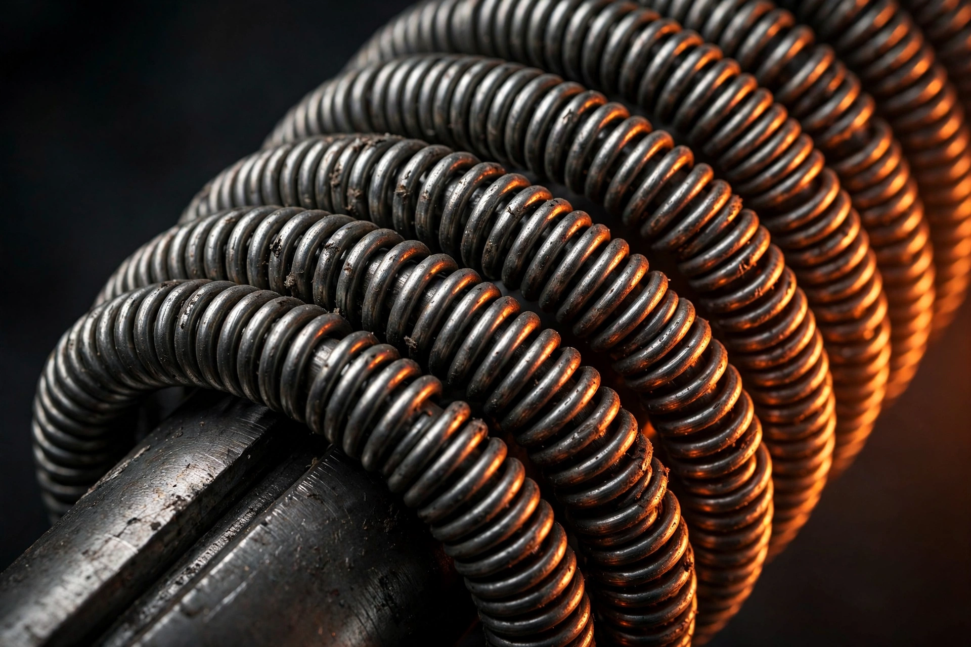 Close-up of wound steel torsion coils glowing at the edges